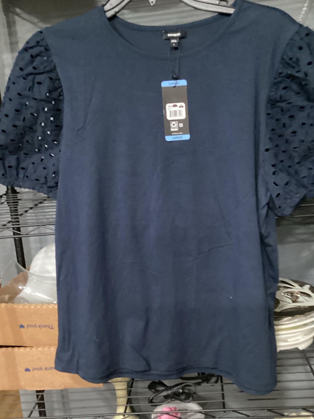 Express Navy Short Sleeve Tee with Eyelet Puff Sleeves
